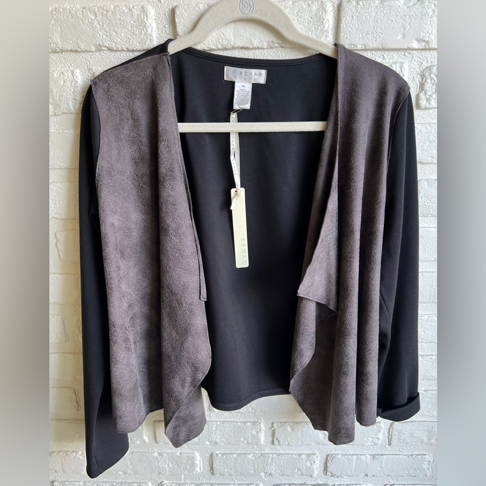 Kenar-Black and Gray Faux-Suede Drape-Front Jacket (NWT)